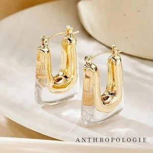 NEW Anthropologie Clear Resin & Gold Plated Chunky Hoop Dangle Earrings Jewelry - Picture 1 of 6