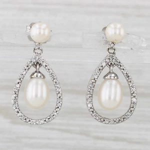 Cultured Pearl Diamond Teardrop Earrings 14k White Gold - Picture 1 of 6