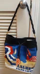 Bolso de Mano Lauren Ralph Lauren Lona/Cuero de Vaca Cubo Cordón Escena de Playa - Imagen 1 de 6