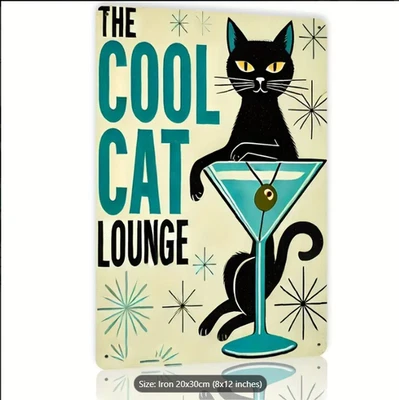 Ретро металлический знак атомный кот с мартини классный кот лаунж домашний декор бар 8 x 12 - Изображение 1 из 4