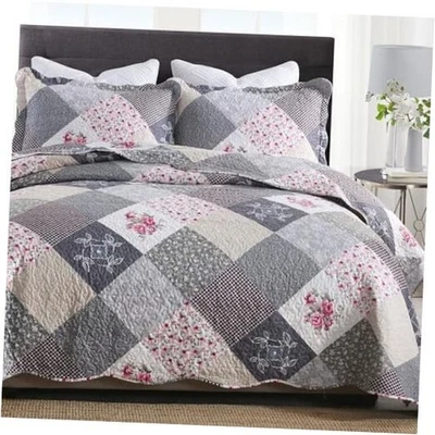  Farmhouse Quilts Size - Quilt Set Grey Bedspread King Grey Flower Plaid - Image 1 of 4