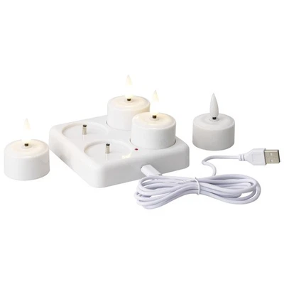 LED Teelichter weiß  mit Ladeplatte – 4er Set, wiederaufladbar, warmweiß  - Bild 1 von 2