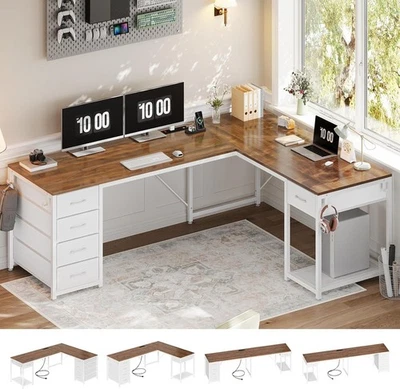 L Shaped Computer Desk with 5 Drawers Modern Reversible 78.7" Long 2 Person Desk - Image 1 of 4