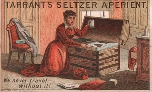 TARRANT'S SELTZER APERIENT*VICTORIAN STEAMER TRUNK*WILLIAM SAUL LITHO TRADE CARD - Bild 1 von 2