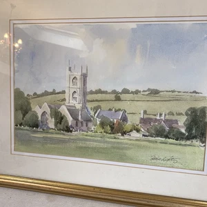 vintage original Watercolour painting Village Church Scene Signed 50x40cm - Picture 1 of 7
