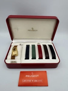 Vintage Peugeot Lock Charm Watch With 6 Color Band Set And Box New Battery - Picture 1 of 2
