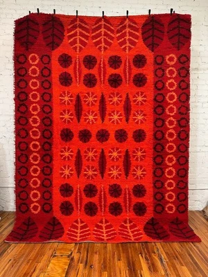 Tapete de lã dinamarquês Rya meados do século 1970 DANIA TAEPPER folhas círculos vermelho não usado - Imagem 1 de 4