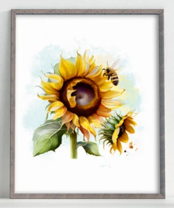 Floral Art Print, Sunflower and Bee Wall Art Decor, Botanical Art Print #836 - Picture 1 of 2
