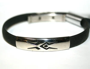 Fashion Bracelet Silver Slide Ethnic Design Black Rubber Band Foldover Clasp 8.5 - Picture 1 of 3