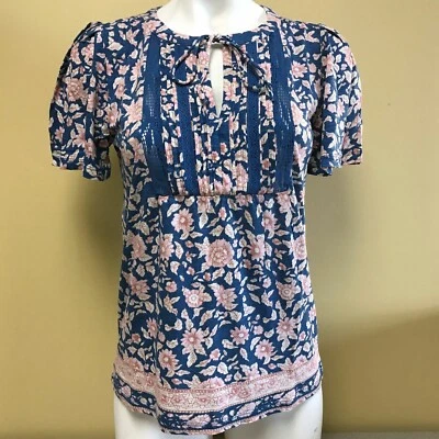 Lucky Brand Cotton Stretch Tie-Neck Shirt Top Blouse Size S/P Floral Blue - Изображение 1 из 4