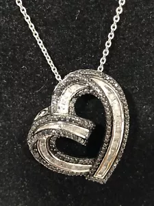 .925 Necklace Pendant Black / Clear White Diamond signed JWBR scroll - Picture 1 of 10