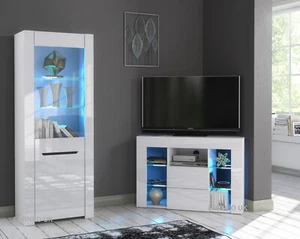 White Corner TV Stand Display Cabinet High Gloss &Matt Modern Set LED Lights - Picture 1 of 6