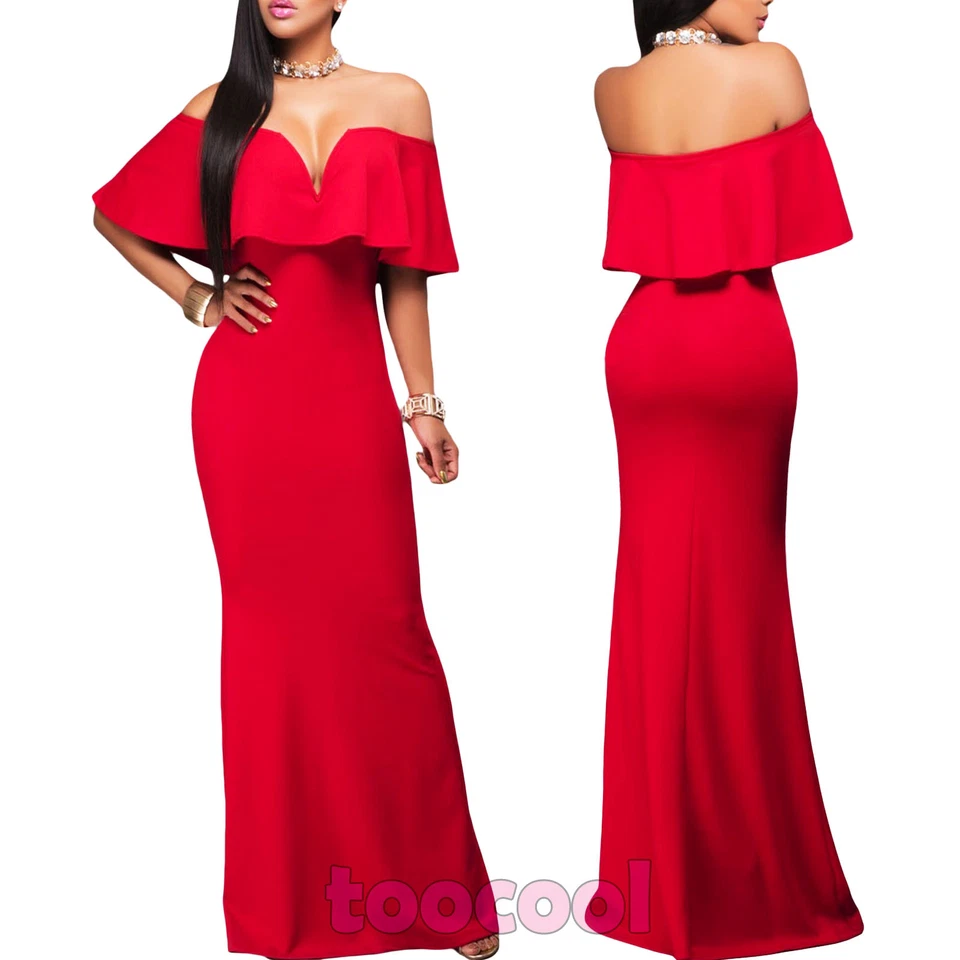 Vestido Mujer Largo Abocinada Escote Carmen Volante Elegante Nuevo DL-2074 - Imagen 1 de 1