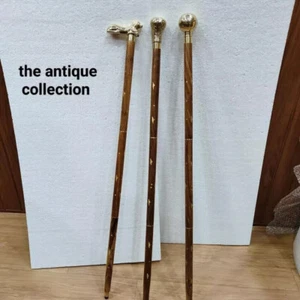 Walking Lot Of 3 piece Antique Cane Wooden Walking Stick Gold Brass Handle Knob - Picture 1 of 6