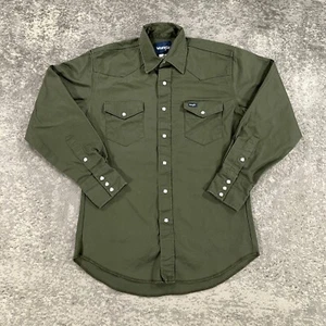 Wrangler Western Shirt Mens Medium Green Twill Canvas Pearl Snap Cowboy Workwear - Picture 1 of 13