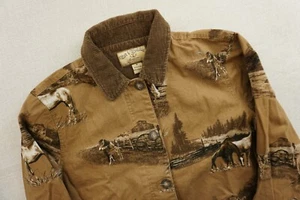 Bit & Bridle Womens Brown Canvas Size Medium Horse Print Chore Barn Coat Jacket - Picture 1 of 9