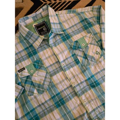Akademiks Men's 5X Large Plaid Short Sleeve Button Up Shirt Green White Blue - Image 1 of 4