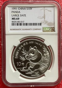 1991 China 10 YUAN silver panda Coin 1 oz NGC MS 69 Large Date - Picture 1 of 2