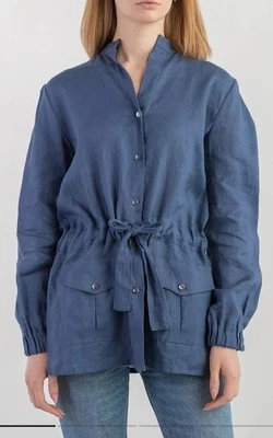 NUEVO CON ETIQUETAS Camisa La Perla Talla 4 100% Lino Azul Cinturón Abotonada Cubrir $694 Foto 1 de 4