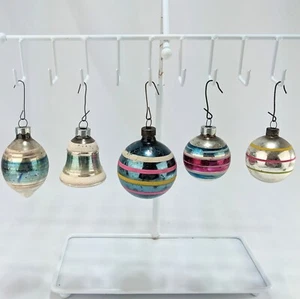 5 Vtg/Antique SHINY BRITE 2"-3" Mercury Glass Ornaments Stencil Striped U.S.OFA. - Picture 1 of 11