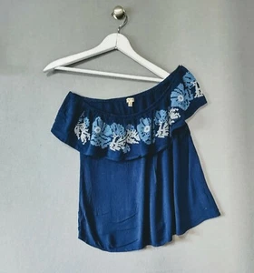 Lily White Top Damen M Schulterfrei Crop Bluse Blumen Blau Blumen Pullover - Bild 1 von 5