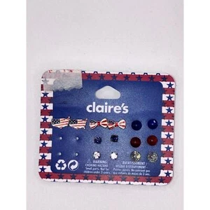 NWT! Claire's 7 Patriotic Stud Earrings including US Flag on US Map & Bows! - Picture 1 of 17