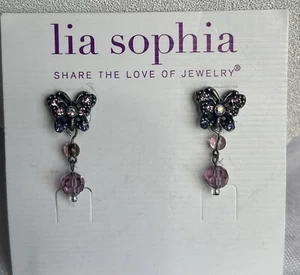 Lia Sophia Butterfly Earrings Antique Silver Tone Purple Pink AB Crystals Signed - Picture 1 of 18