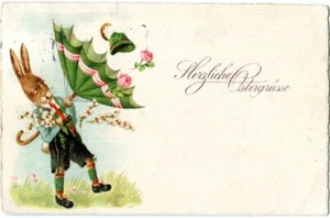 Litho AK OSTERN Herzliche Ostergrüße! Menschen-Hase, Lederhose, Regenschirm 20er - Picture 1 of 1