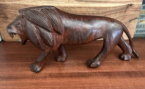 Vintage Wood Carved Lion Figurine 12.5” L - Picture 1 of 17