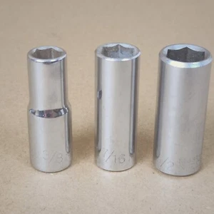 3 Each 3/8-Inch Drive 1/2", 7/16", 3/8" Deep Well Master Mechanic Sockets EUC - Picture 1 of 13