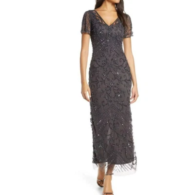 $268 Pisarro Nights Slate Gray Beaded Sequin Column Gown 12 NWT P443 - Image 1 of 4