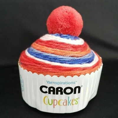 Caron Cupcakes Yarn Cherry On Top Red Blue Pom Pom Knit Crochet Hat Beanie New - Image 1 of 4