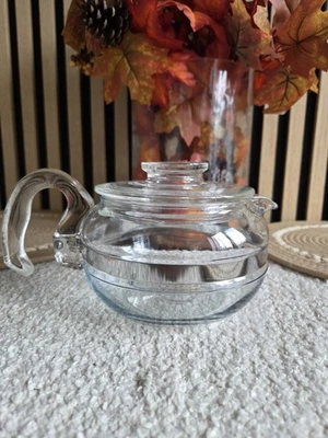 1960's Pyrex Flameware Clear Glass Teapot 8446-B Stainless Band Around Middle - Image 1 of 4