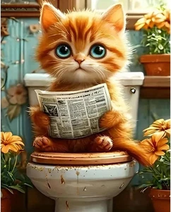 Cat Sit on Toilet Oil Painting by Number Kits, MT21405-US  - Picture 1 of 8