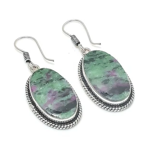 Natural Ruby Zoisite Gemstone 925 Starling Silver Jewelry Earring Size 1.75" - Picture 1 of 1