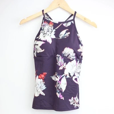 Athleta Purple Floral Piha High Halter Neck Tankini Swim Top Size Small - Image 1 of 3