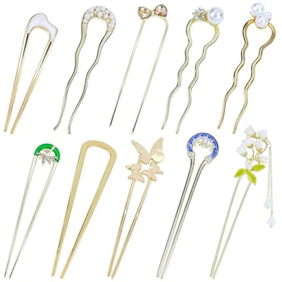 10 Pack Cute Flower Butterfly U Shaped Gold Metal Hair Fork Pins Curved Chops... - Image 1 of 4