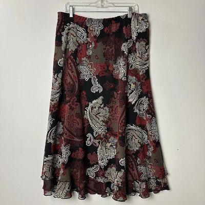 Vtg Midi Skirt Flutter A-Line Pull On Black Red Paisley Y2K Whimsigoth Fairy 18 - Image 1 of 4
