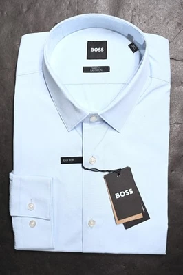 HUGO BOSS Uomo Isko Facile Ferro Slim Fit Blu Pastello Cotone Camicia 42 16.5 - Immagine 1 di 4