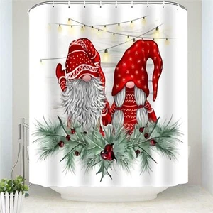 Merry Christmas Xmas Gnomes Shower Curtains Set with 12 Hooks Waterproof Poly... - Picture 1 of 1