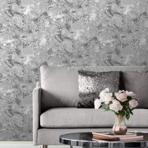 Muriva Elixir Liquid Marble Swirl Ripple Metallic Shiny Wallpaper Silver 166501 - Picture 1 of 2
