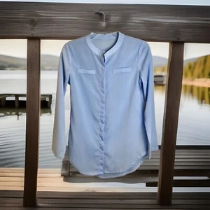 Womens Summer Long Sleeve Button-Down Shirt S Simple Solid Light Blue Top Blouse - Picture 1 of 9