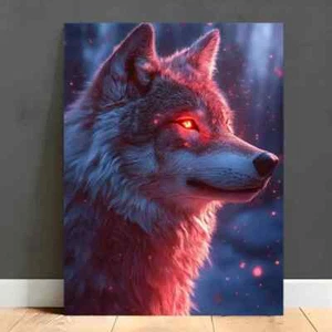 A wolf with glowing eyes in the dark Wall Art  Canvas Unframed/Framed - Picture 1 of 7