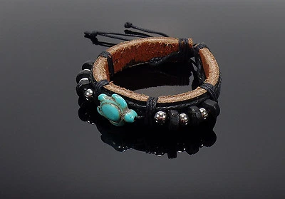 Black Turtle Bracelet - Black Leather Bracelet -Turquoise Color Turtle -Tortoise - Image 1 of 3
