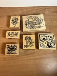 Collection Of 6 Christmas Holiday Wooden Stamps #H164 - Picture 1 of 6