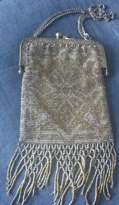 Antique French Micro Steel Bead Purse - Vintage Metal Beaded Fringe Flapper Bag - Image 1 of 4