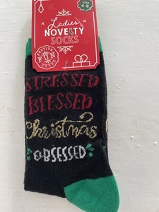 Neuheit lustige Damen-Weihnachtssocken ""gestresst, gesegnet, weihnachtsbesessen"" Größe 4-8 - Bild 1 von 1