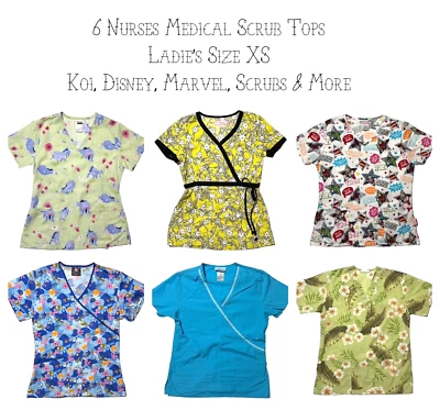 6 Medical Nurses Scrub Tops Koi Disney Marvel & More Womens Size XS Multicolors - Image 1 of 4