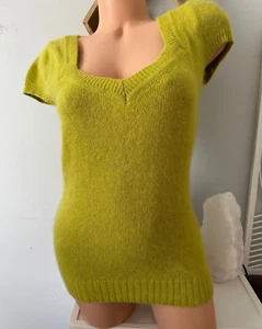 Vintage BEBE Womens Medium Angora Knit Sweater Top Green Short Sleeve V-Neck Y2K - Picture 1 of 15