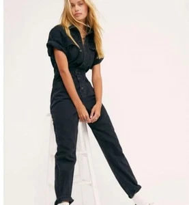 Free People We The Free Marci Black Denim Jumpsuit, Size M - Picture 1 of 6